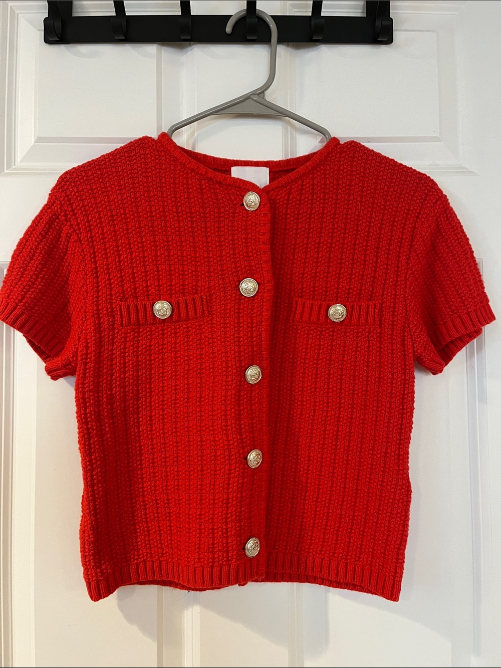 H&M Red Short-Sleeve Knit Cardigan with Gold Buttons